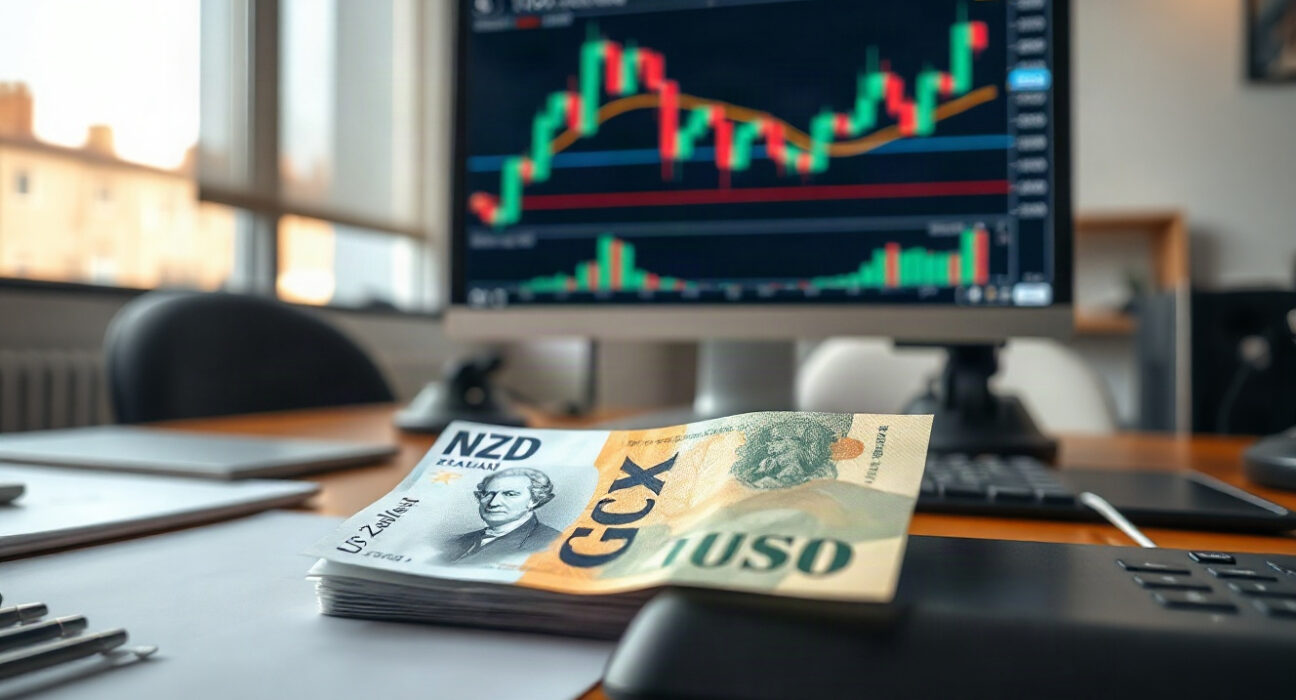 NZD/USD currency pair chart on a monitor with New Zealand and US dollar banknotes in foreground