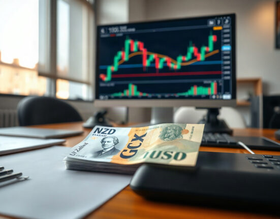 NZD/USD currency pair chart on a monitor with New Zealand and US dollar banknotes in foreground