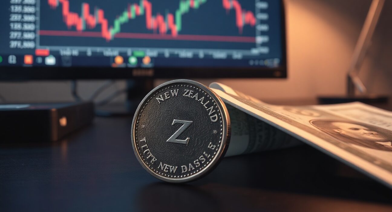 New Zealand dollar and US dollar currency on a desk with a financial chart in the background