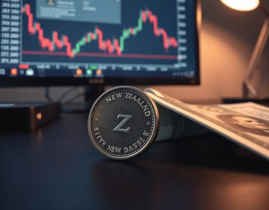 New Zealand dollar and US dollar currency on a desk with a financial chart in the background