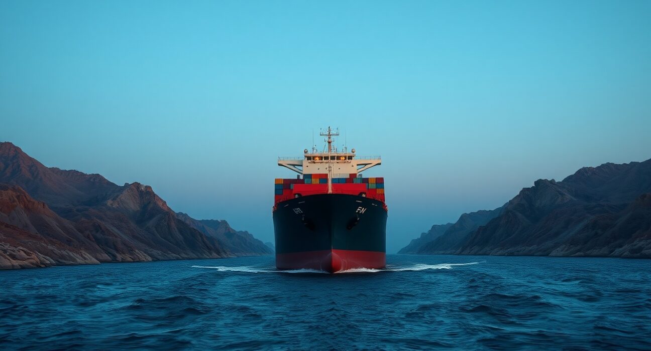 Cargo ship navigating the strategic Hormuz Strait, illustrating the geopolitical risk impacting NZD/USD and USD demand.