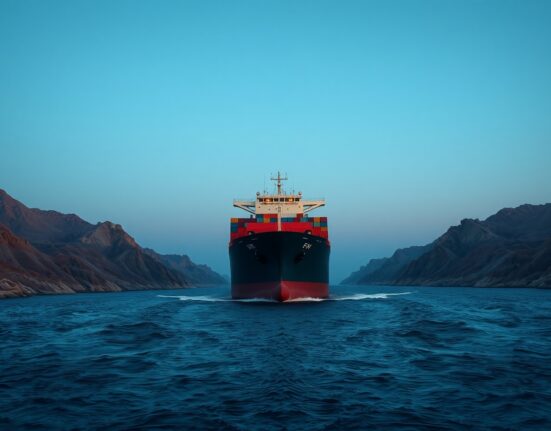 Cargo ship navigating the strategic Hormuz Strait, illustrating the geopolitical risk impacting NZD/USD and USD demand.