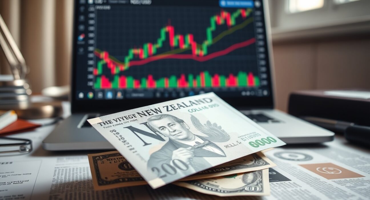 New Zealand dollar and US dollar notes on a desk with a forex chart on a laptop screen in the background.
