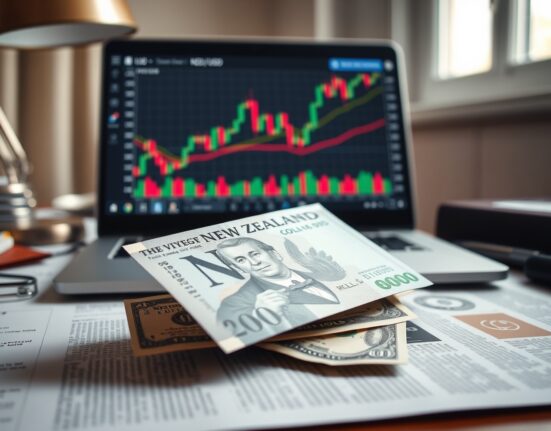 New Zealand dollar and US dollar notes on a desk with a forex chart on a laptop screen in the background.