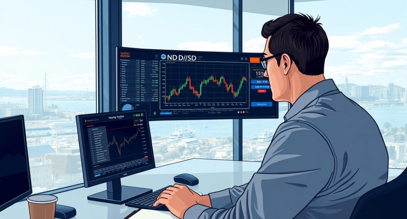 Financial analyst in Wellington reviews NZD/USD forex charts and inflation data on trading desk monitors.