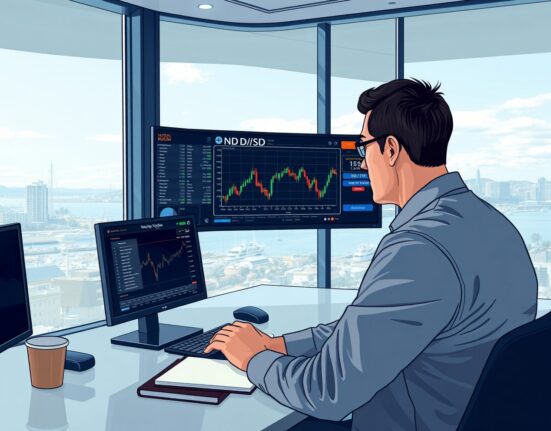 Financial analyst in Wellington reviews NZD/USD forex charts and inflation data on trading desk monitors.