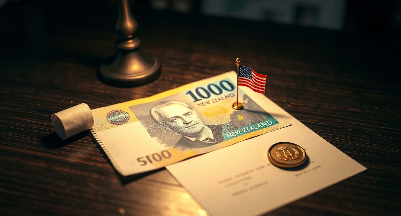New Zealand Dollar banknote with US and Iranian peace agreement document on a desk