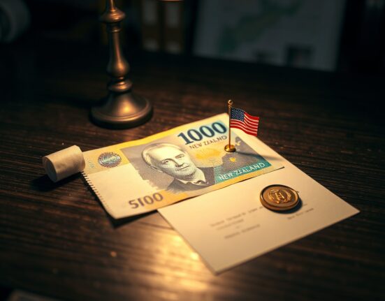 New Zealand Dollar banknote with US and Iranian peace agreement document on a desk
