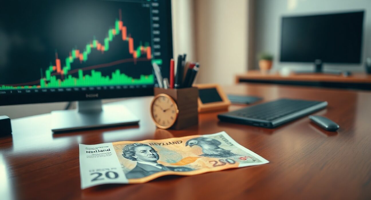 New Zealand Dollar banknote and forex chart on a desk representing NZD/USD trading