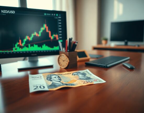 New Zealand Dollar banknote and forex chart on a desk representing NZD/USD trading
