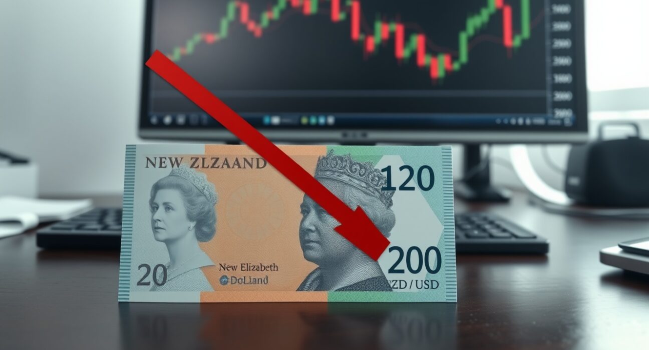 New Zealand dollar banknote with downward arrow and forex chart in background