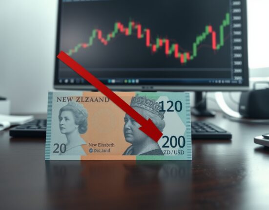 New Zealand dollar banknote with downward arrow and forex chart in background