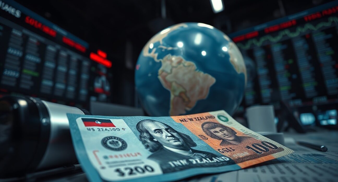 New Zealand dollar and US dollar banknotes on a trading desk with a globe in the background representing geopolitical risk.