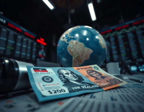 New Zealand dollar and US dollar banknotes on a trading desk with a globe in the background representing geopolitical risk.
