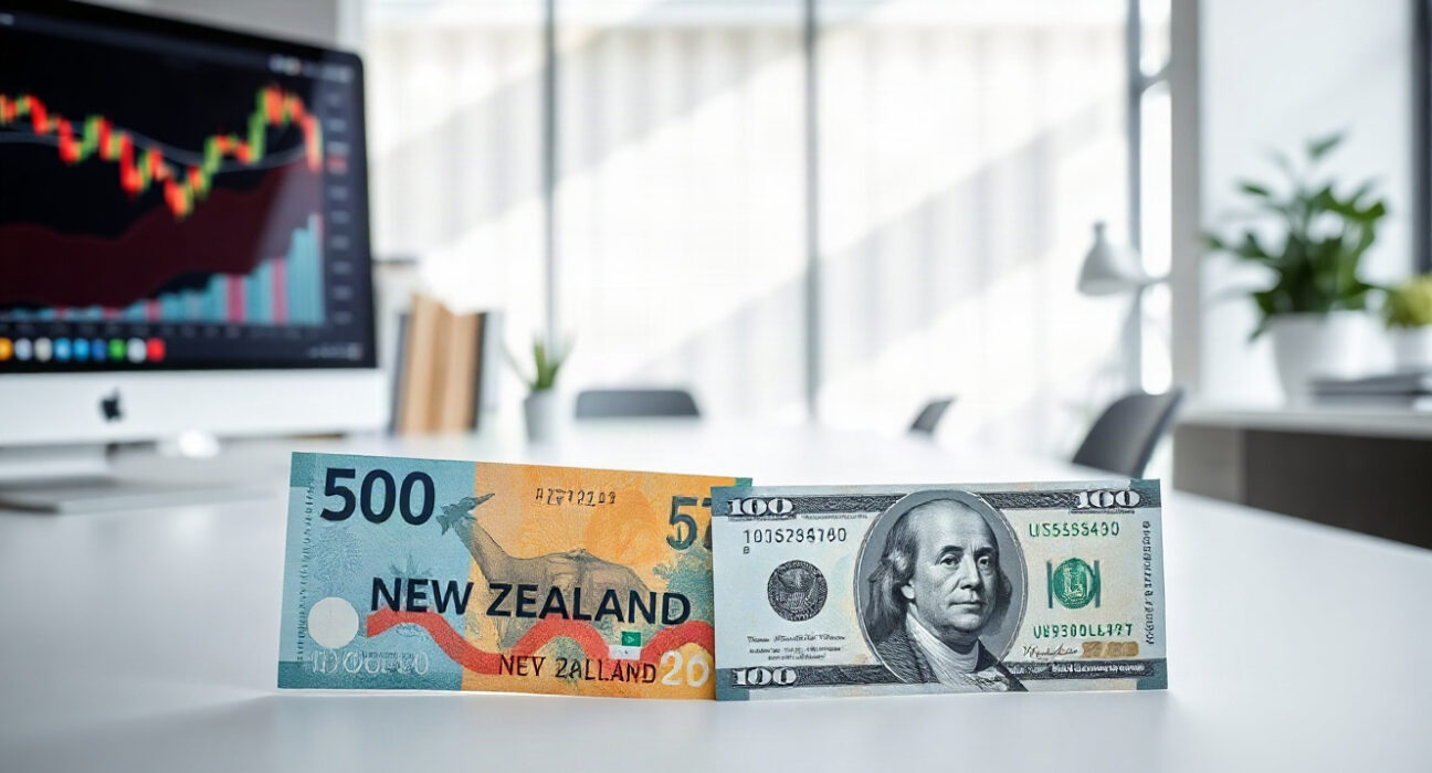 New Zealand Dollar and US Dollar banknotes with a stock chart in background