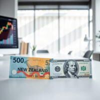 New Zealand Dollar and US Dollar banknotes with a stock chart in background