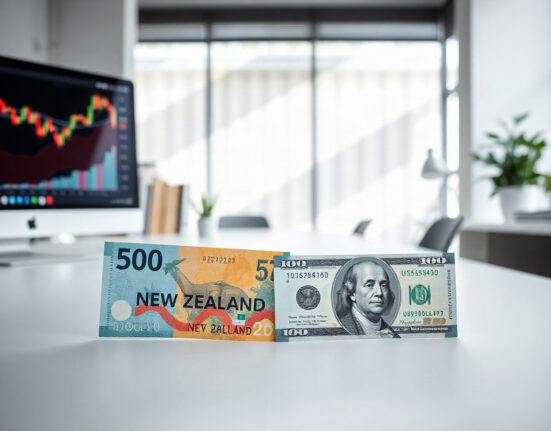 New Zealand Dollar and US Dollar banknotes with a stock chart in background