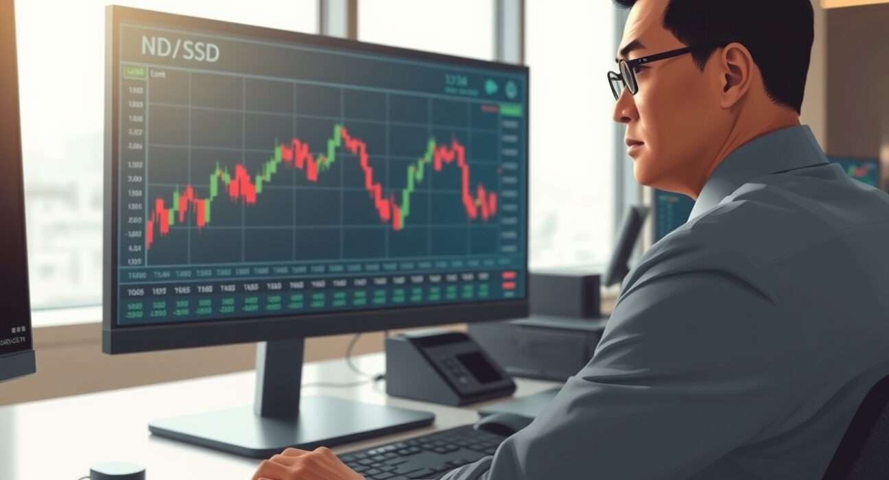 Financial analyst monitors NZD/USD forex chart showing price near 0.5850 amid economic data releases.