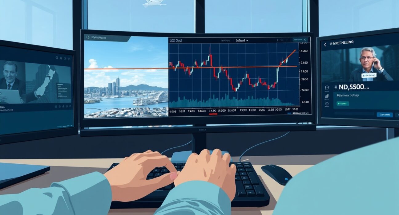 NZD/USD forex chart showing decline as US-Iran peace deal hopes fade, analyzed on a trading desk.