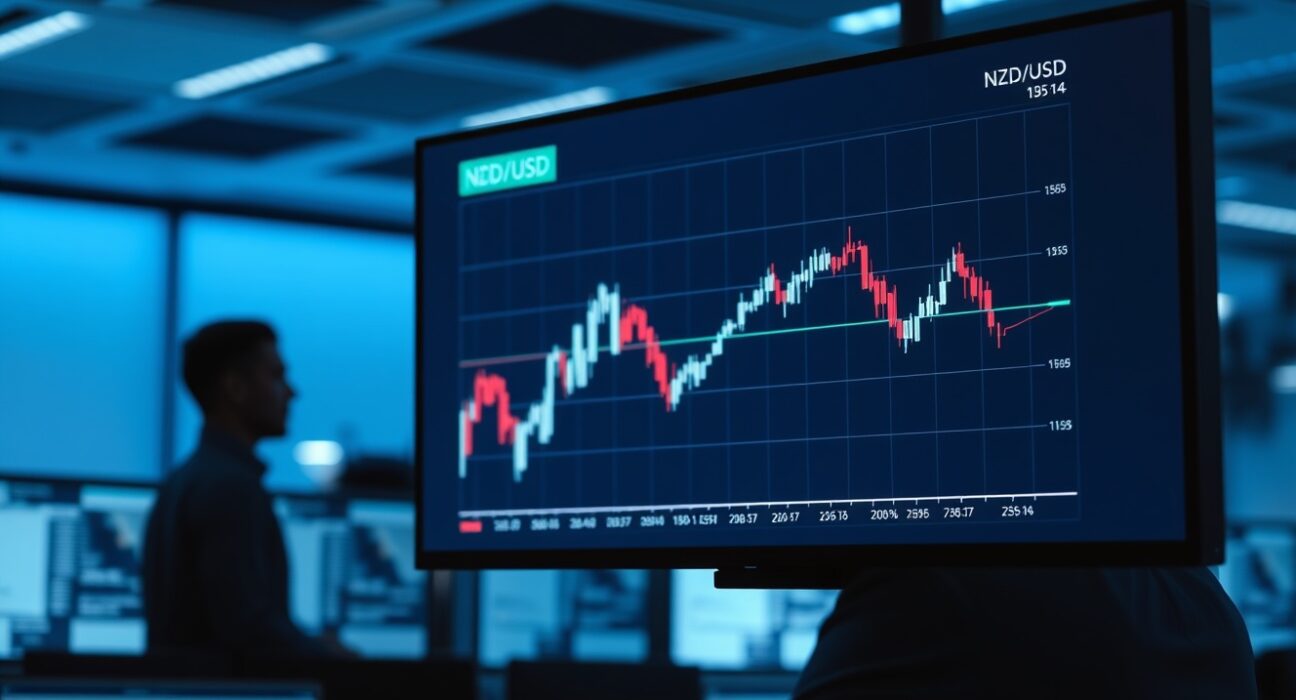 Analyst monitoring NZD/USD forex chart on digital screen in modern trading office