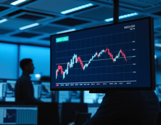 Analyst monitoring NZD/USD forex chart on digital screen in modern trading office