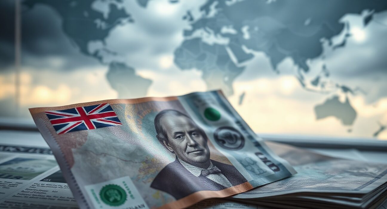New Zealand Dollar and US Dollar banknotes on a desk, symbolizing currency market shifts amid geopolitical risk.