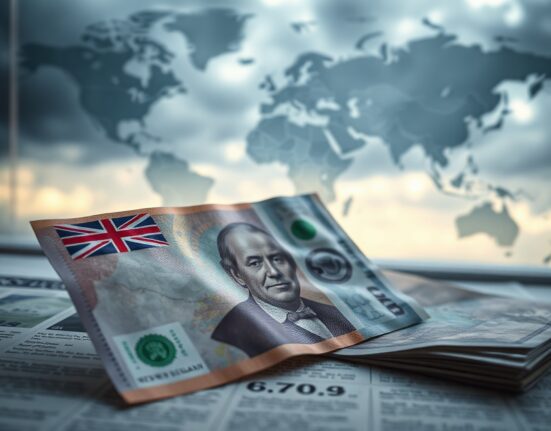 New Zealand Dollar and US Dollar banknotes on a desk, symbolizing currency market shifts amid geopolitical risk.