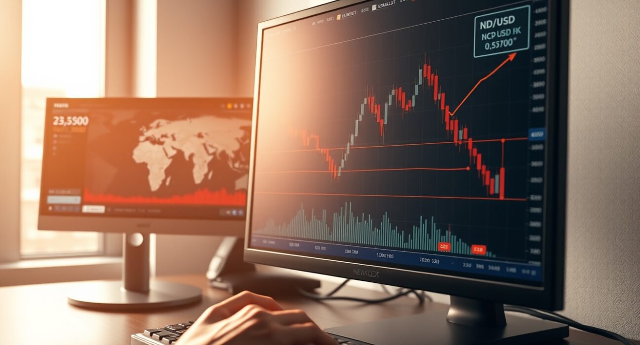 NZD/USD forex chart declining below 0.5700 amid Middle East geopolitical tensions.