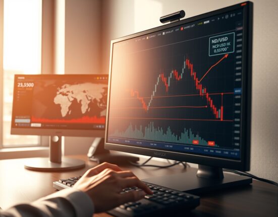 NZD/USD forex chart declining below 0.5700 amid Middle East geopolitical tensions.