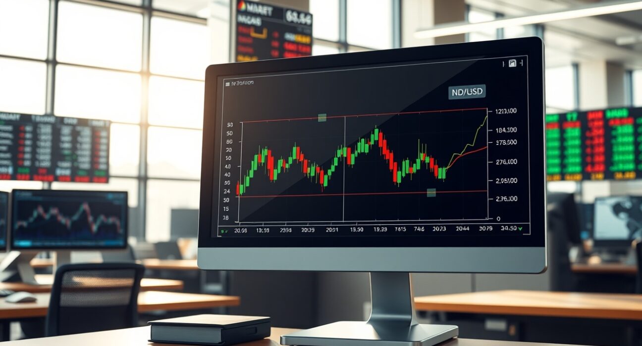 NZD/USD forex chart analysis showing currency pair momentum on trading desk monitor