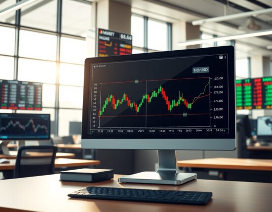 NZD/USD forex chart analysis showing currency pair momentum on trading desk monitor