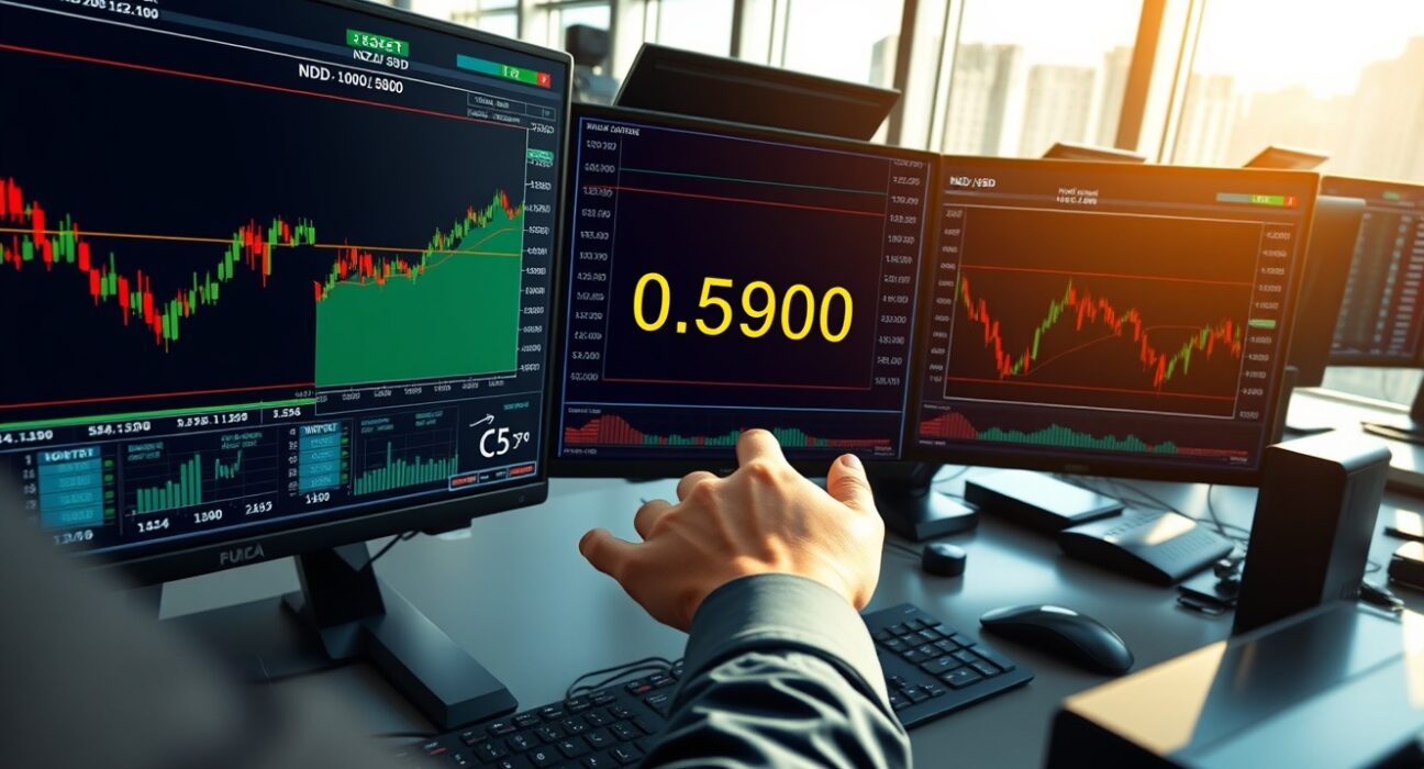 Professional forex trader analyzing NZD/USD charts with moving averages at critical 0.59 level