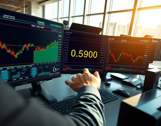 Professional forex trader analyzing NZD/USD charts with moving averages at critical 0.59 level