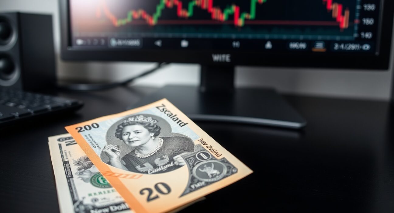 New Zealand Dollar and US Dollar banknotes on a desk with a forex chart in the background.