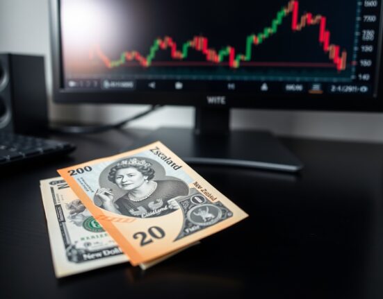 New Zealand Dollar and US Dollar banknotes on a desk with a forex chart in the background.
