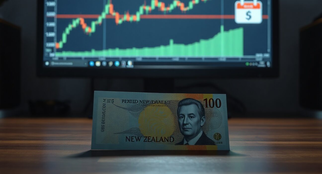 New Zealand Dollar and US Dollar banknotes with a financial chart in the background