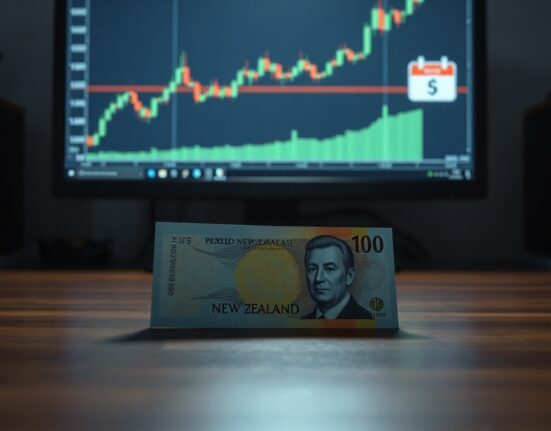 New Zealand Dollar and US Dollar banknotes with a financial chart in the background