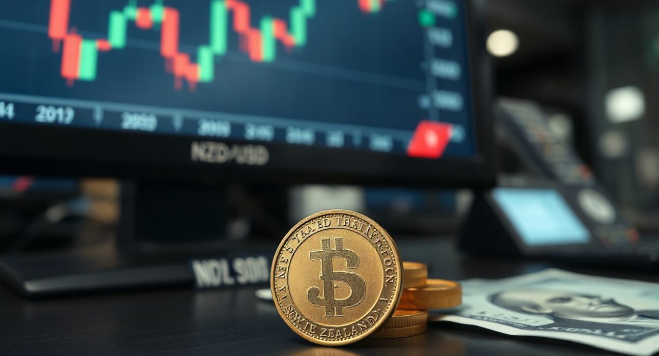 New Zealand Dollar coin and US Dollar bill on a trading desk with a market chart in the background