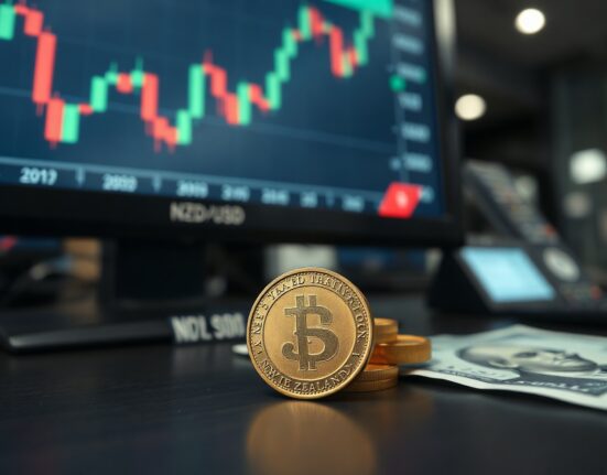 New Zealand Dollar coin and US Dollar bill on a trading desk with a market chart in the background