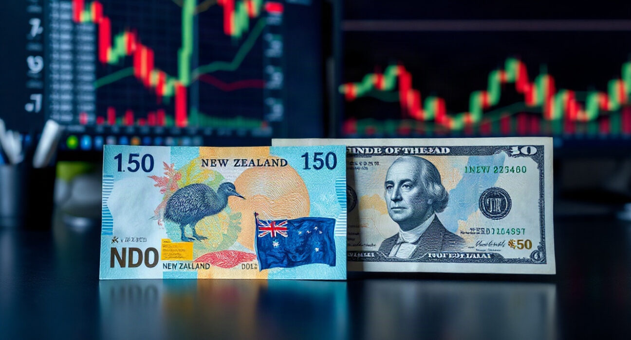 New Zealand Dollar and US Dollar banknotes on a financial desk with charts in background