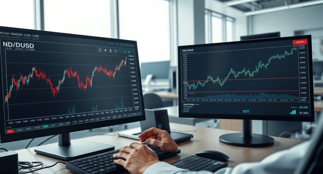 Professional forex trading desk analyzing NZD/USD chart with US Dollar strength limiting gains
