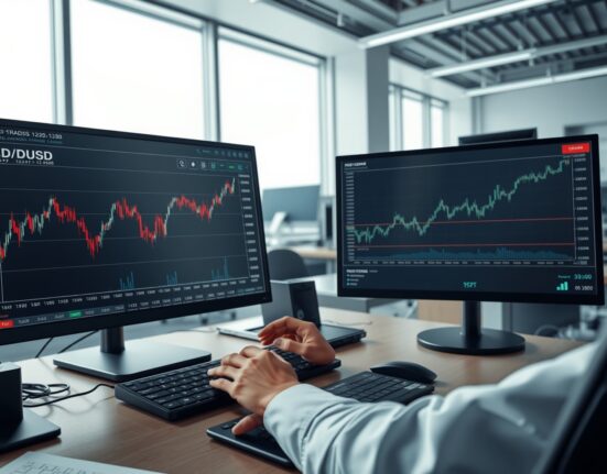 Professional forex trading desk analyzing NZD/USD chart with US Dollar strength limiting gains