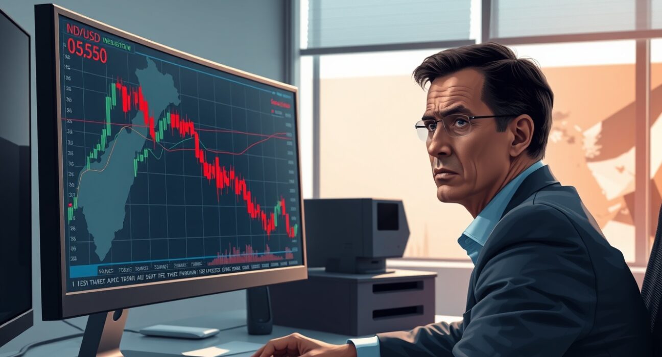 Analyst monitors NZD/USD forex chart crashing below 0.5850 amid Middle East tension news.
