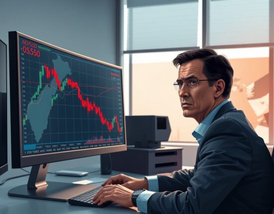 Analyst monitors NZD/USD forex chart crashing below 0.5850 amid Middle East tension news.