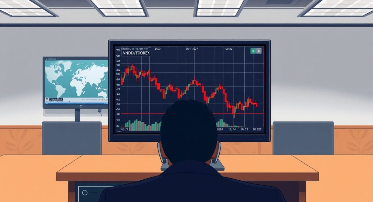 NZD/USD forex chart declining as US-Iran geopolitical tensions impact currency markets.