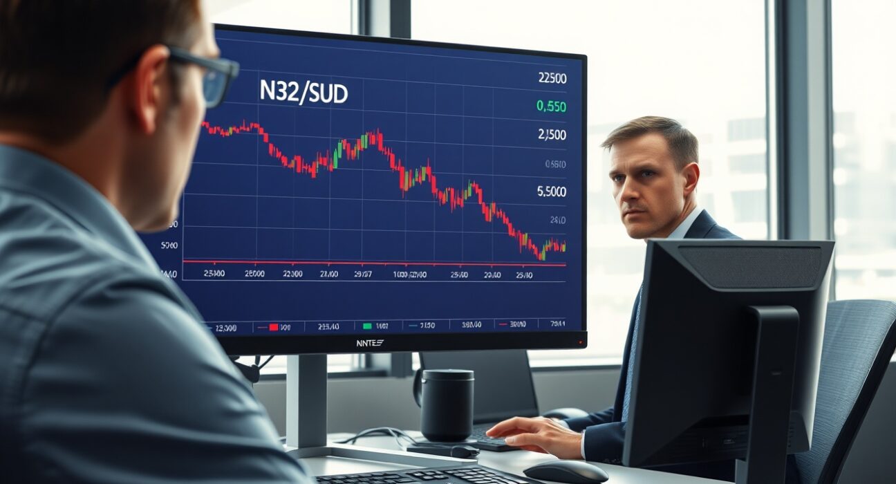 NZD/USD currency pair chart falling below 0.5850 on a trader's monitor, illustrating market risk aversion.