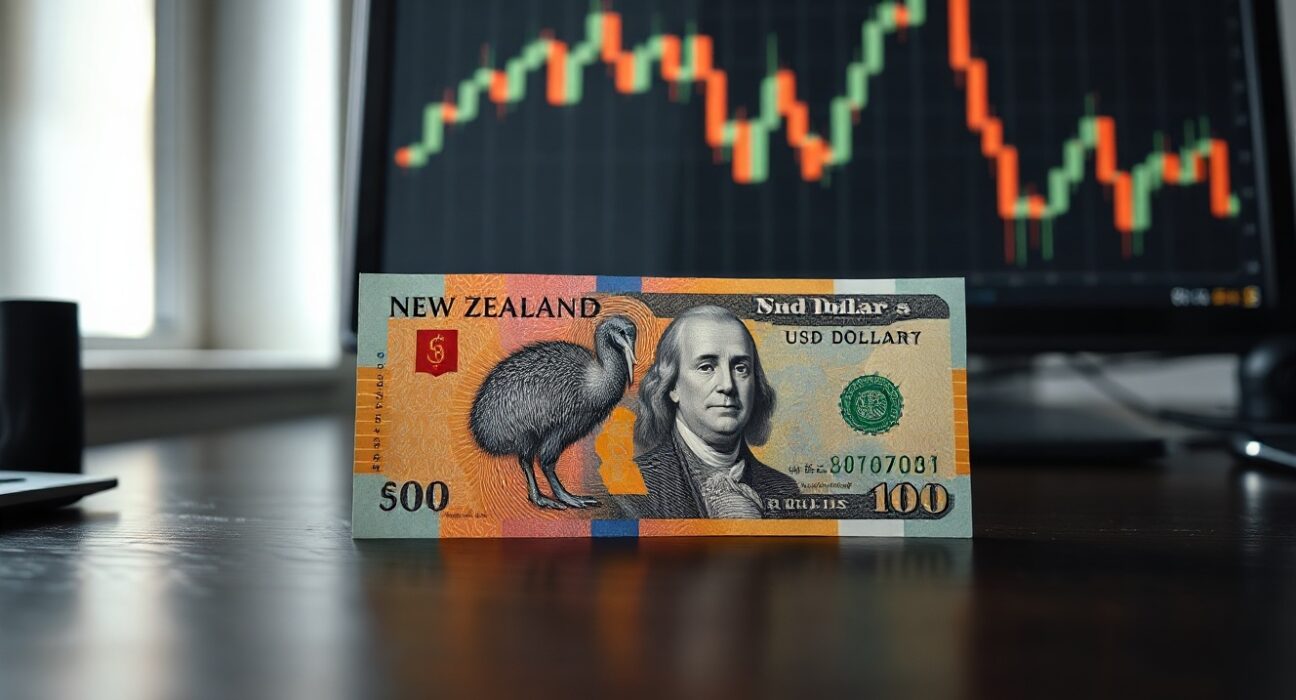 New Zealand and US dollar banknotes with financial charts in background, representing currency market analysis