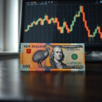 New Zealand and US dollar banknotes with financial charts in background, representing currency market analysis