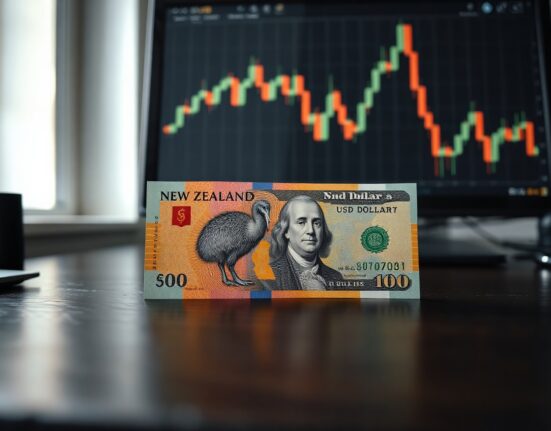 New Zealand and US dollar banknotes with financial charts in background, representing currency market analysis