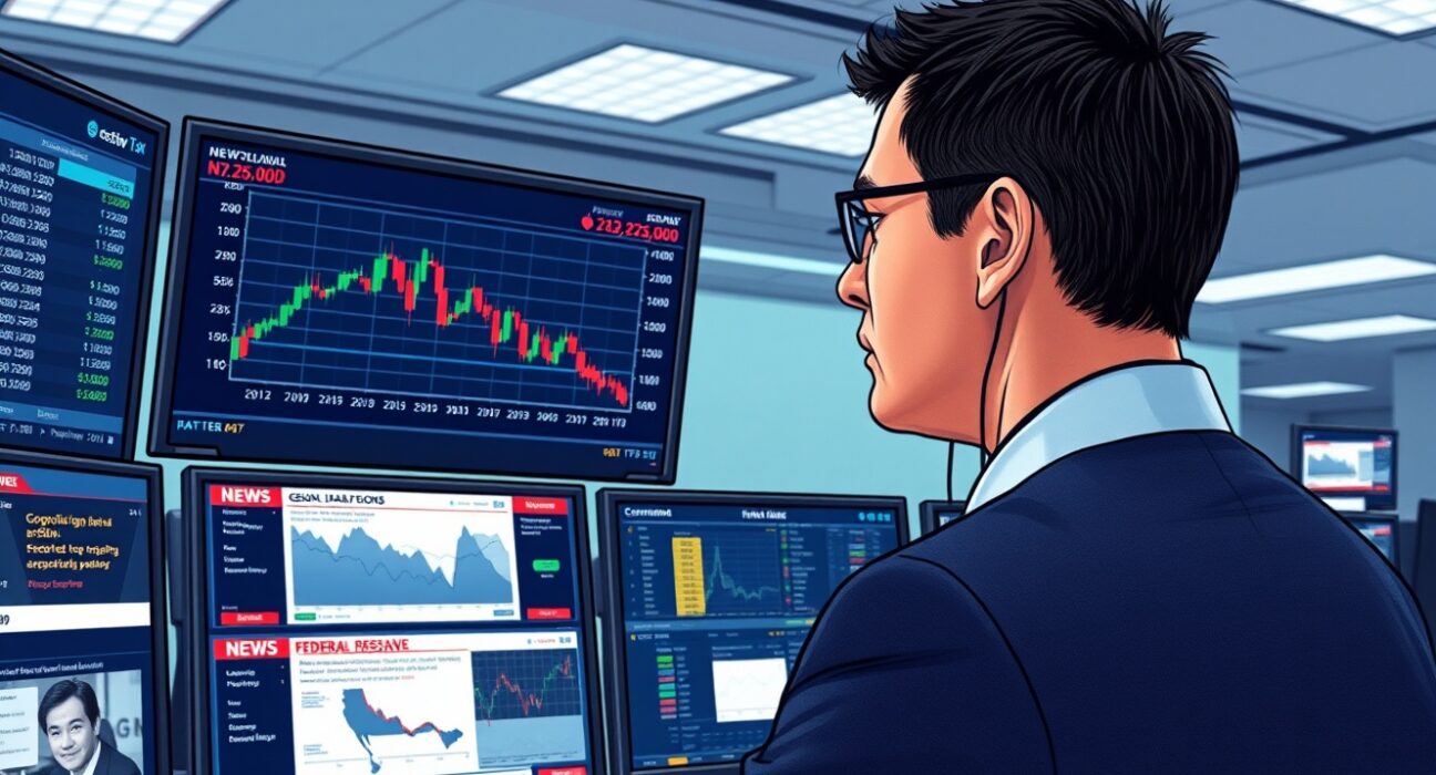 Financial trader analyzing NZD/USD currency charts amid market volatility from geopolitical tensions and Federal Reserve decisions.